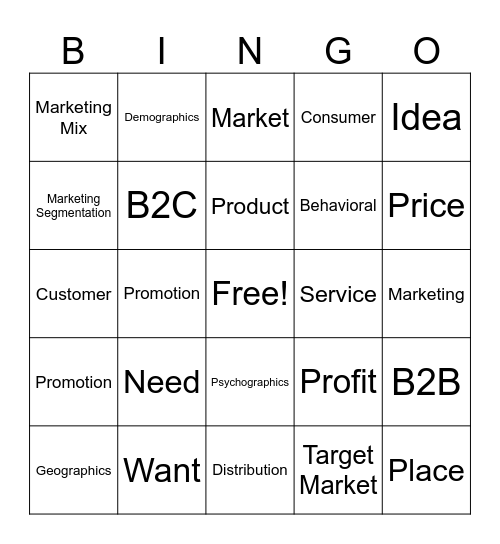 Unit 1 - Marketing Basics Bingo Card