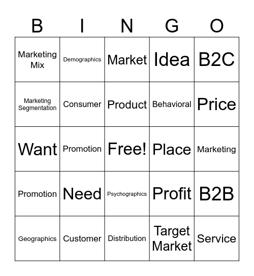 Unit 1 - Marketing Basics Bingo Card