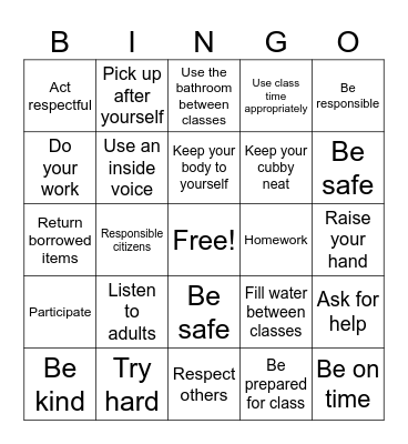 Classroom Rule Bingo Card