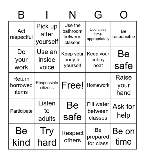 Classroom Rule Bingo Card