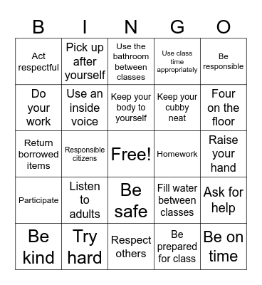 Classroom Rule Bingo Card