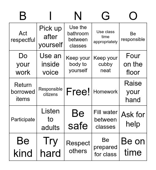 Classroom Rule Bingo Card