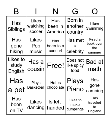 Class Introduction Bingo Card