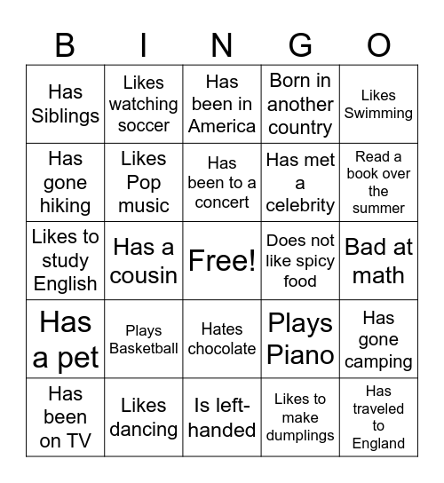 Class Introduction Bingo Card