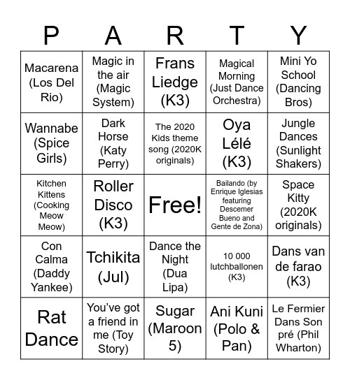 2020 Kids Learn to dance Bingo Card