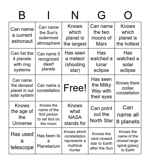 Cosmic Bingo Card