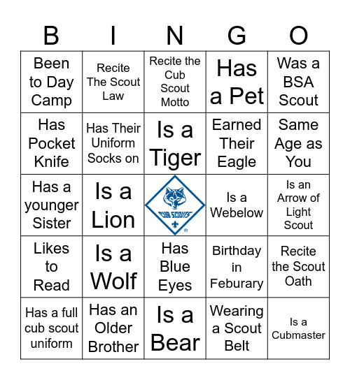Cub Scouts Bingo Card