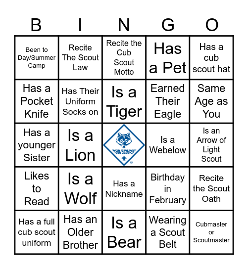 Cub Scouts Bingo Card