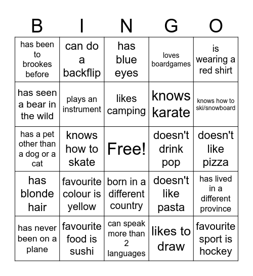 STUDENT BINGO Card