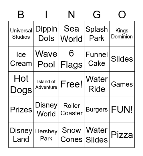 Amusement Park Bingo Card