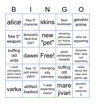 Nod-Krai Livestream BINGO Card