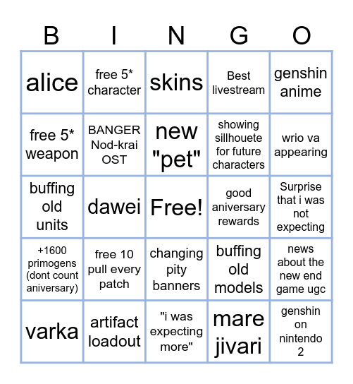 Nod-Krai Livestream BINGO Card
