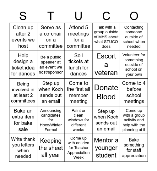 STUCO Bingo Sheet Bingo Card