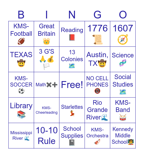 Back to School-KMS Bingo Card