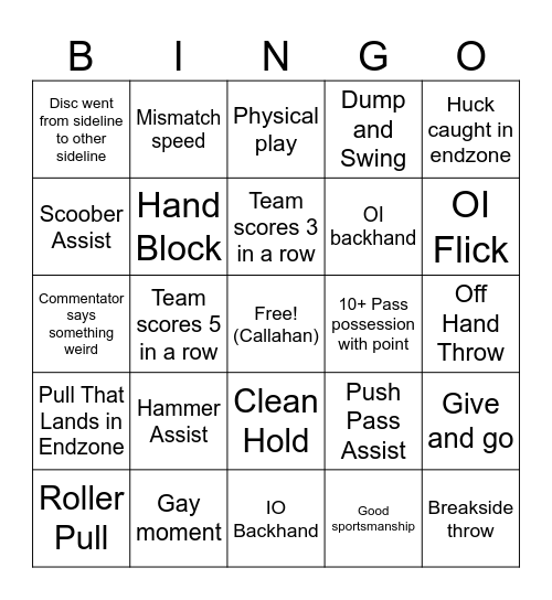 Ultimate Frisbee BINGO Card