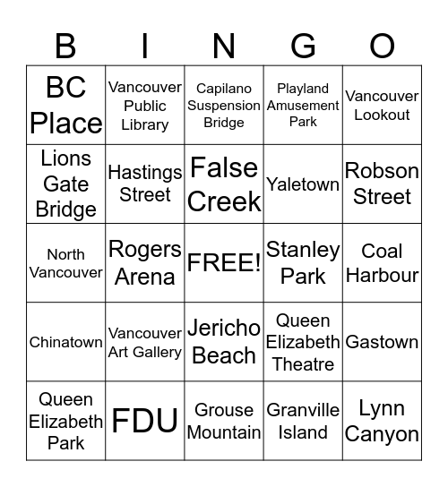 Vancouver  Bingo Card