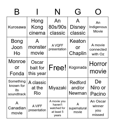 Fall Movie Bingo Card