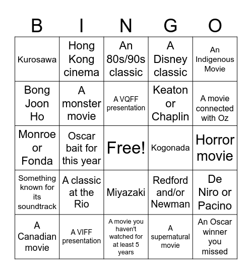 Fall Movie Bingo Card