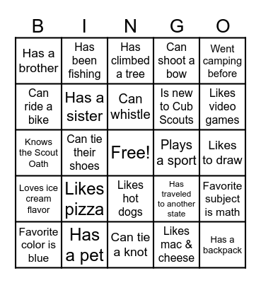 Cub Scout Bingo Card