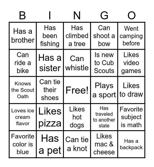 Cub Scout Bingo Card