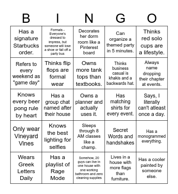 Greek Life 101 Bingo Card