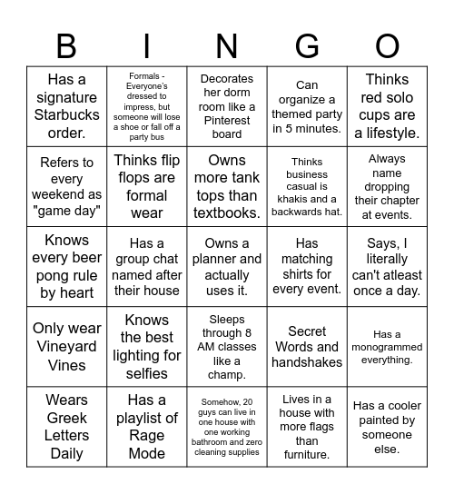 Greek Life 101 Bingo Card