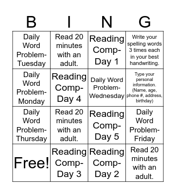 Homework Bingo- Group 1 (11/14) Bingo Card