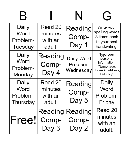 Homework Bingo- Group 1 (11/14) Bingo Card
