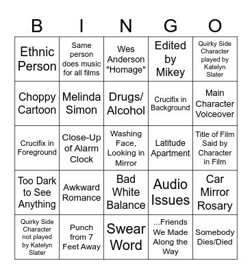JPC Student Film BINGO Card