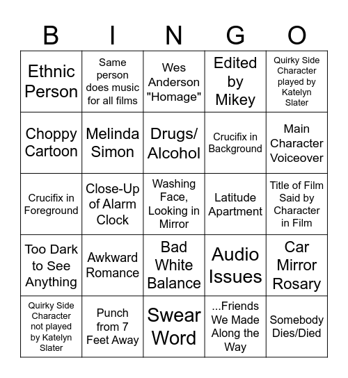 JPC Student Film BINGO Card