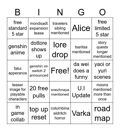 Genshin Impact 6.0 livestream Bingo Card