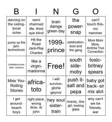 fun songs Bingo Card