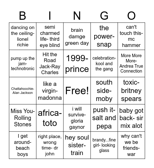 fun songs Bingo Card