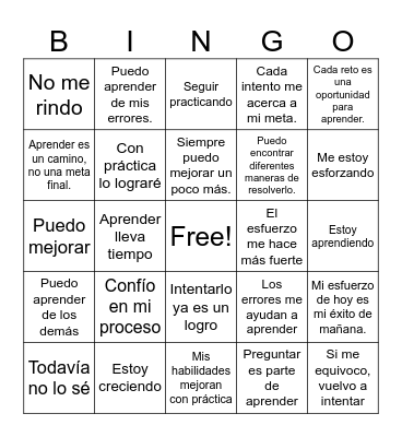 Mentalidad en crecimiento/Growth mindset Bingo Card