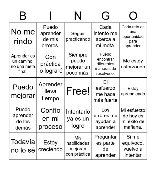 Mentalidad en crecimiento/Growth mindset Bingo Card