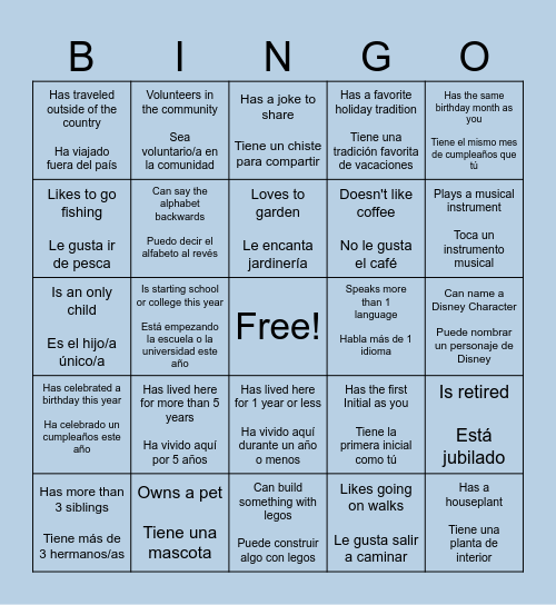 Find Your Neighbor Who/ Encuentra a Tu Vecino Que Bingo Card