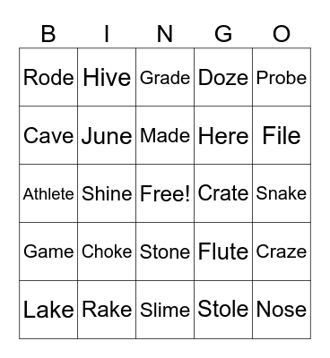 Silent E Bingo Card