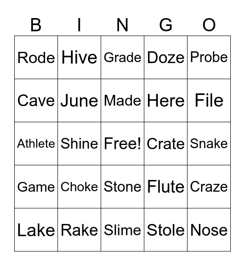 Silent E Bingo Card