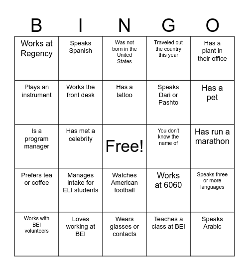 Find (And Write the Name of) Someone Who... Bingo Card