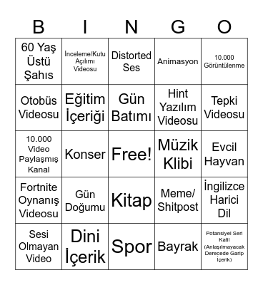 Youtube son 24 saat harf ile aratma bingosu Bingo Card