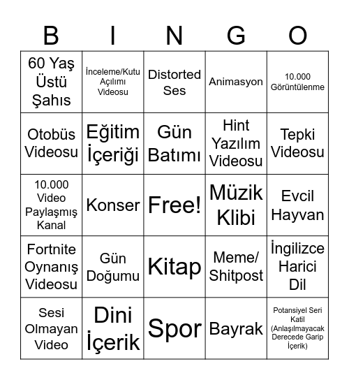 Youtube son 24 saat harf ile aratma bingosu Bingo Card
