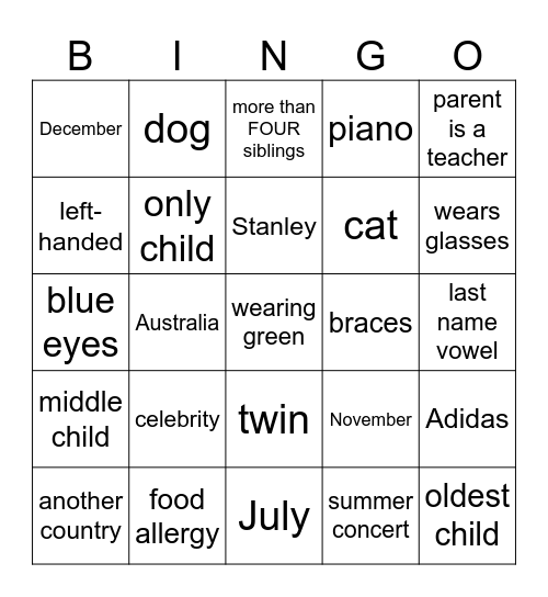 Back to School Bingo Card