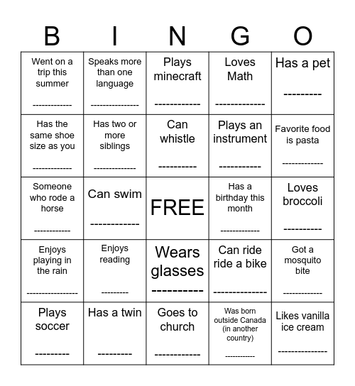 Back to School Bingo Card
