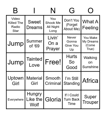 80's Music Bingo Card
