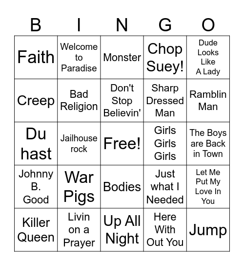 Rock 'N' Roll Bingo Card