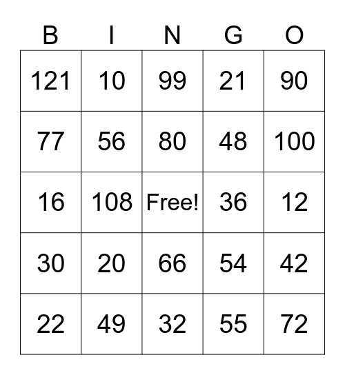 Multiplication Bingo Card