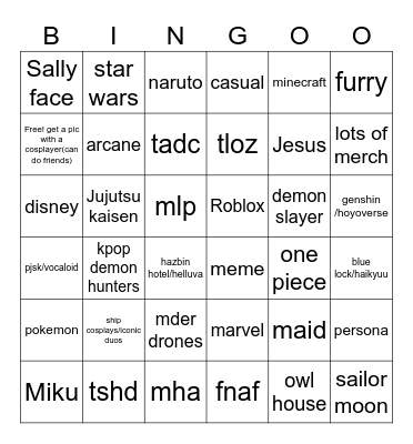 Cosplays 2025 Bingo Card