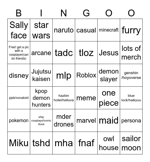 Cosplays 2025 Bingo Card