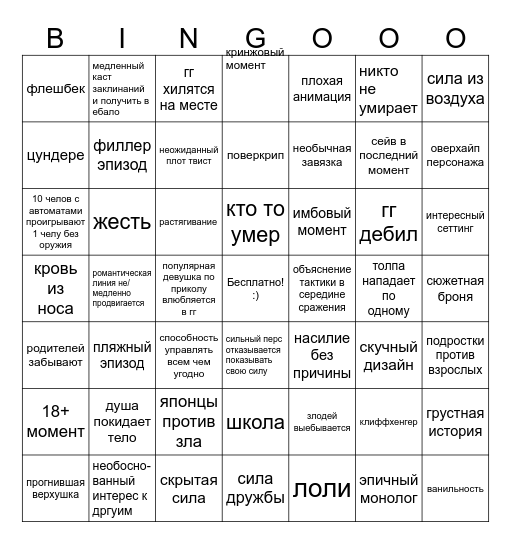 аниме бинго Bingo Card