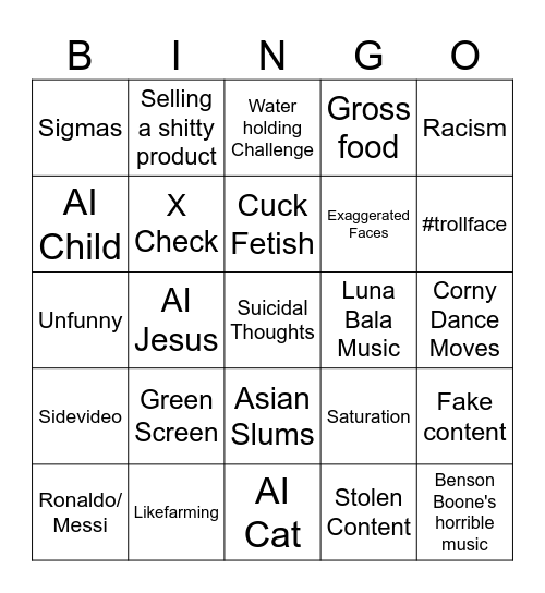 Youtube Shorts Bingo Card